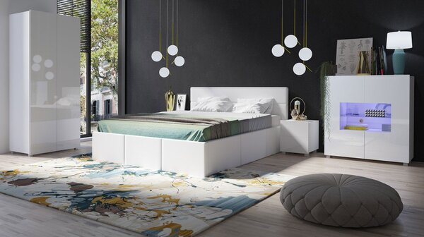 Ložnicová sestava s postelí 160x200 cm CHEMUNG - bílá / lesklá bílá / bílá ekokůže