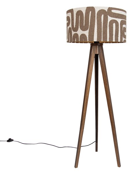 Stojací lampa Tripod Classic z ořechového dřeva s hnědým a béžovým pruhovaným stínidlem 50 cm
