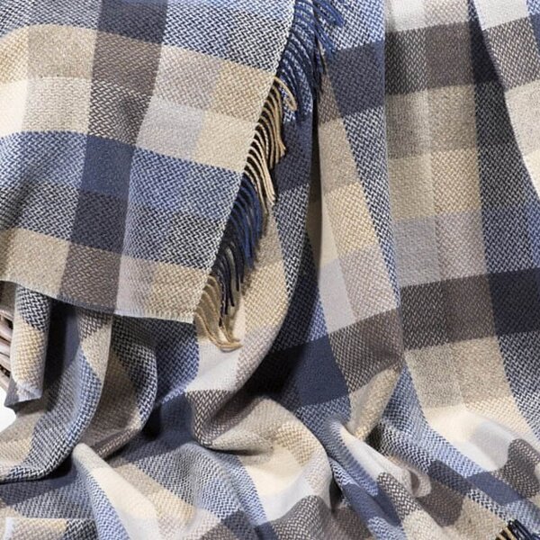 Deka Merino vlna / kašmír Denim Cream Block Check 180 x 136 cm John Hanly