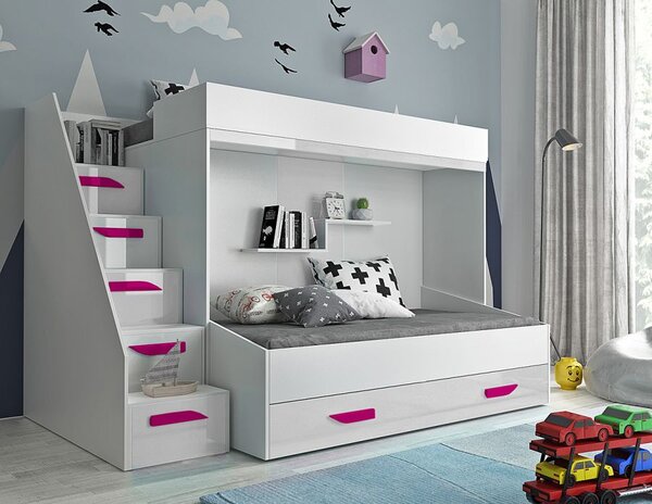 Abiks Dětský pokoj Party 16b s volbou barvy úchytů, 2 postele, pozvolné schody Barva: Bílá, Úchytky: Růžové