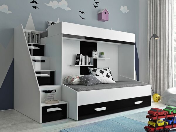 Abiks Dětský pokoj Party 16a s volbou barvy dvířek, 2 postele, pozvolné schody Barva: Bílá, Dveře: Černé