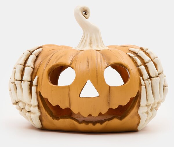 Sinsay - Halloweenský svícen na LED svíčky ve tvaru dýně s kostlivými rukama - oranžová