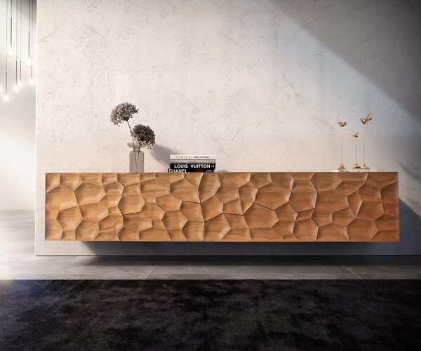 DELIFE TV stolek Solu 220 cm akácie přírodní 2 dvířka 4 zásuvky závěsný 3D čelo