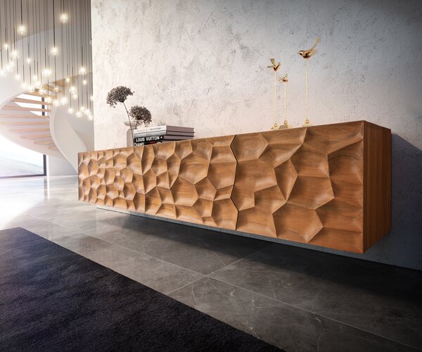DELIFE TV stolek Solu 220 cm akácie přírodní 2 dvířka 4 zásuvky závěsný 3D čelo