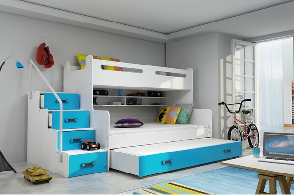 Dětská patrová postel s přistýlkou bez matrací 80x200 IDA 3 - bílá / modrá