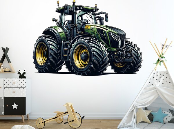 Zelený traktor textilní přelepitelná samolepka na zeď arch 45 x 31 cm