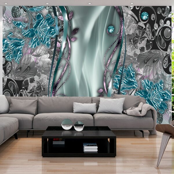 Samolepící tapeta tyrkysový abstrakt květů - Floral Curtain