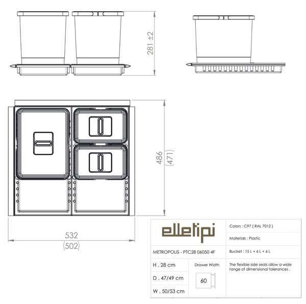 Vestavný odpadkový koš Elletipi METROPOLIS/ do zásuvky/ 15+6+6 L/ PTC28 06050 4F
