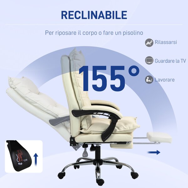 Vinsetto ergonomické kancelářské křeslo, náklon 155° s vysouvací opěrkou nohou, snadno čistitelná PU koženka, polstrované opěrky, otáčecí a výškově na