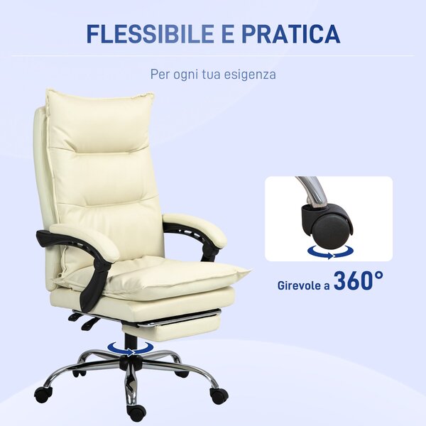 Vinsetto ergonomické kancelářské křeslo, náklon 155° s vysouvací opěrkou nohou, snadno čistitelná PU koženka, polstrované opěrky, otáčecí a výškově na