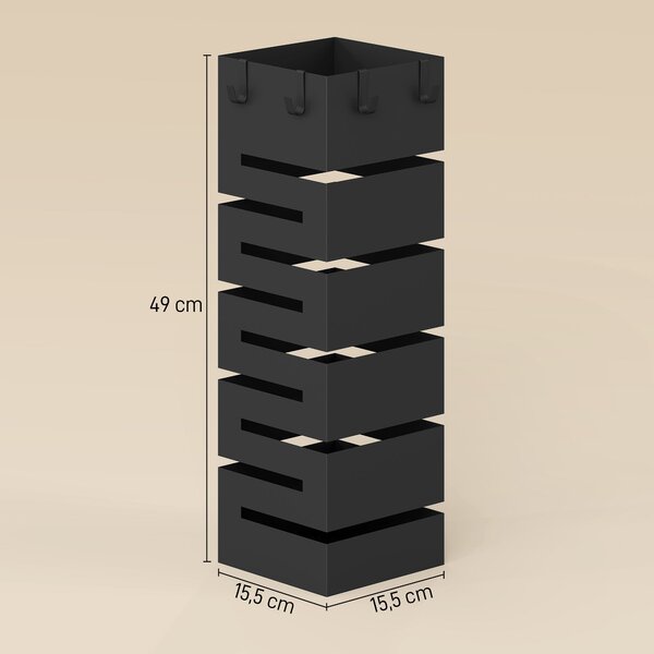 HOMCOM kovový stojan na deštníky, čtvercový držák s odnímatelnou miskou a 4 háčky, do předsíně, 15,5 x 15,5 x 49 cm, černý | Aosom