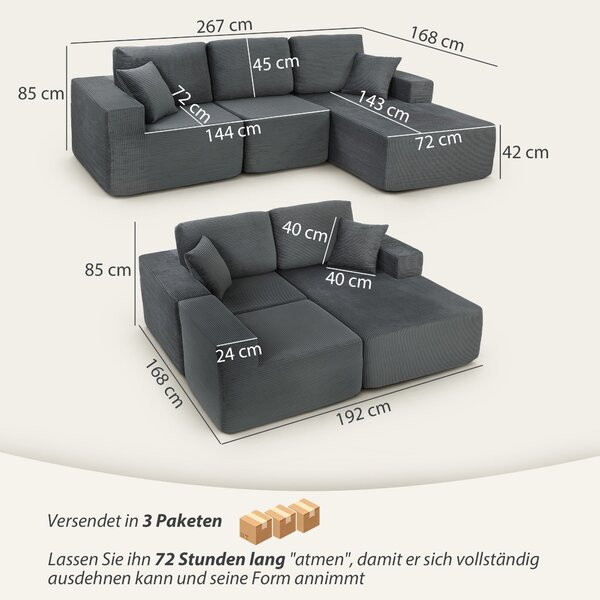 HOMCOM rohová rozkládací pohovka 2v1 267 cm, manšestr, tmavě šedá | Aosom
