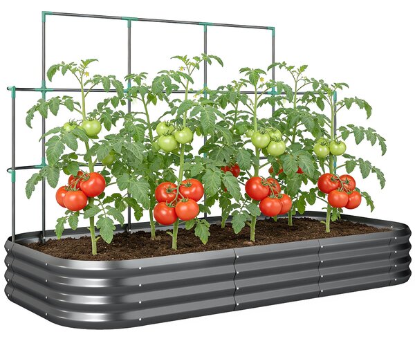 Outsunny vyvýšený záhon s treláží, pozinkovaný kovový truhlík s ochranným okrajem a rukavicemi pro bylinky, zeleninu a květiny — 220 x 110 x 150 cm, t