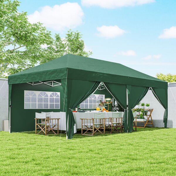 Outsunny pavilon přibližně 5,90 × 2,95 m – skládací pop‑up altán s okny a zipovými dveřmi, odnímatelné stěny, UV ochrana, tmavě zelený | Aosom