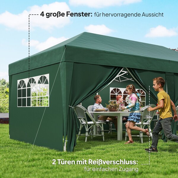 Outsunny pavilon přibližně 5,90 × 2,95 m – skládací pop‑up altán s okny a zipovými dveřmi, odnímatelné stěny, UV ochrana, tmavě zelený | Aosom