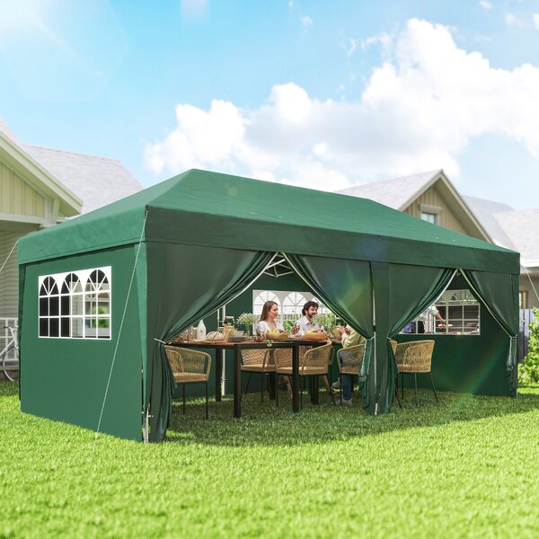 Outsunny pavilon přibližně 5,90 × 2,95 m – skládací pop‑up altán s okny a zipovými dveřmi, odnímatelné stěny, UV ochrana, tmavě zelený | Aosom
