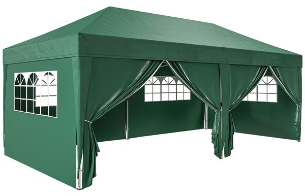 Outsunny pavilon přibližně 5,90 × 2,95 m – skládací pop‑up altán s okny a zipovými dveřmi, odnímatelné stěny, UV ochrana, tmavě zelený | Aosom