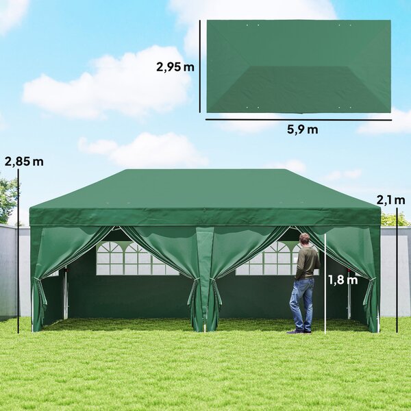 Outsunny pavilon přibližně 5,90 × 2,95 m – skládací pop‑up altán s okny a zipovými dveřmi, odnímatelné stěny, UV ochrana, tmavě zelený | Aosom