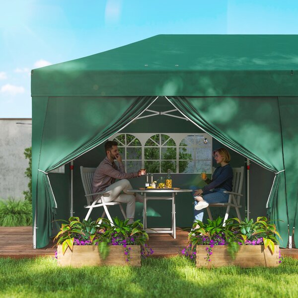 Outsunny pavilon přibližně 5,90 × 2,95 m – skládací pop‑up altán s okny a zipovými dveřmi, odnímatelné stěny, UV ochrana, tmavě zelený | Aosom