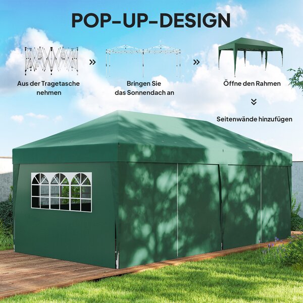 Outsunny pavilon přibližně 5,90 × 2,95 m – skládací pop‑up altán s okny a zipovými dveřmi, odnímatelné stěny, UV ochrana, tmavě zelený | Aosom