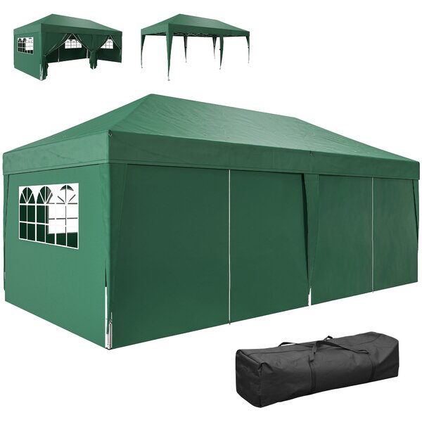 Outsunny pavilon přibližně 5,90 × 2,95 m – skládací pop‑up altán s okny a zipovými dveřmi, odnímatelné stěny, UV ochrana, tmavě zelený | Aosom