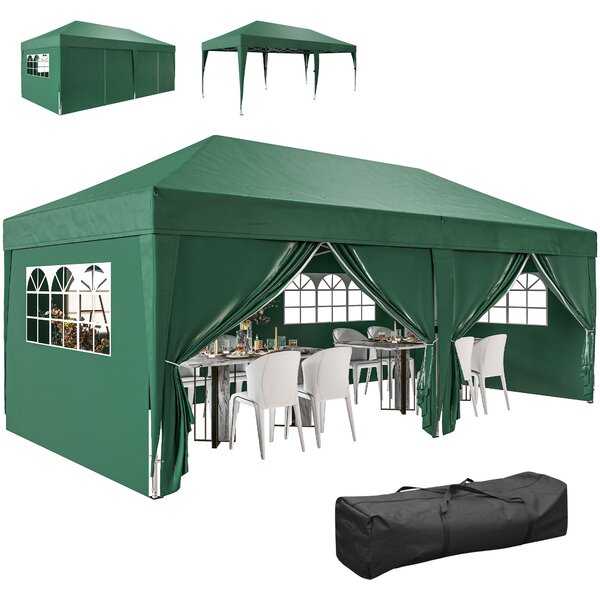 Outsunny pavilon přibližně 5,90 × 2,95 m – skládací pop‑up altán s okny a zipovými dveřmi, odnímatelné stěny, UV ochrana, tmavě zelený | Aosom