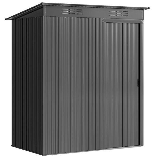 Outsunny kovová zahradní kůlna 1,37 m² — 159 x 106 x 181 cm, posuvné dveře, větrání, šikmá střecha, 2 páry rukavic, snadná montáž — tmavě šedá | Aosom