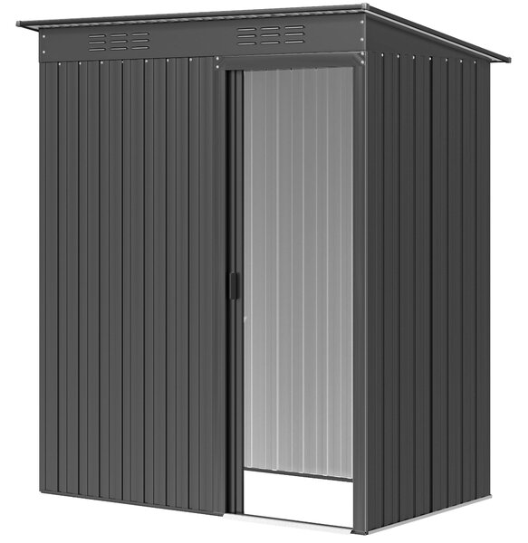 Outsunny kovová zahradní kůlna 1,37 m² — 159 x 106 x 181 cm, posuvné dveře, větrání, šikmá střecha, 2 páry rukavic, snadná montáž — tmavě šedá | Aosom