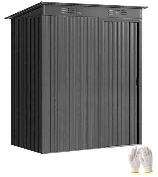 Outsunny kovová zahradní kůlna 1,37 m² — 159 x 106 x 181 cm, posuvné dveře, větrání, šikmá střecha, 2 páry rukavic, snadná montáž — tmavě šedá | Aosom