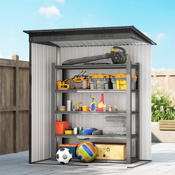Outsunny kovová zahradní kůlna 1,37 m² — 159 x 106 x 181 cm, posuvné dveře, větrání, šikmá střecha, 2 páry rukavic, snadná montáž — tmavě šedá | Aosom