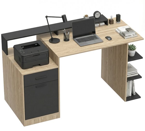 HOMCOM psací stůl 140 × 60 cm s zásuvkami, držákem na sluchátka, skříňkou a policemi — dub/černá | Aosom