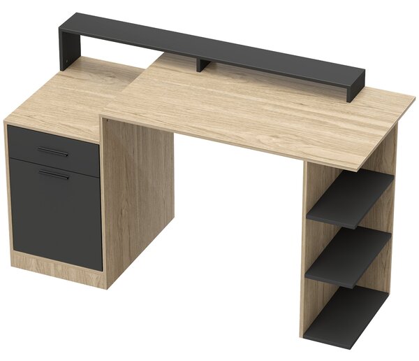 HOMCOM psací stůl 140 × 60 cm s zásuvkami, držákem na sluchátka, skříňkou a policemi — dub/černá | Aosom