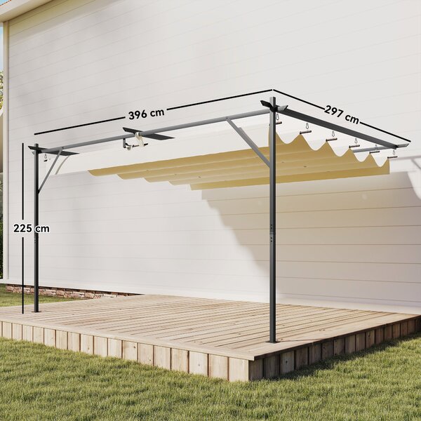 Outsunny 4 x 3 m nástěnná zahradní pergola s vysouvací střechou, ochrana UPF30+, odvodnění a kovový rám — krémová | Aosom
