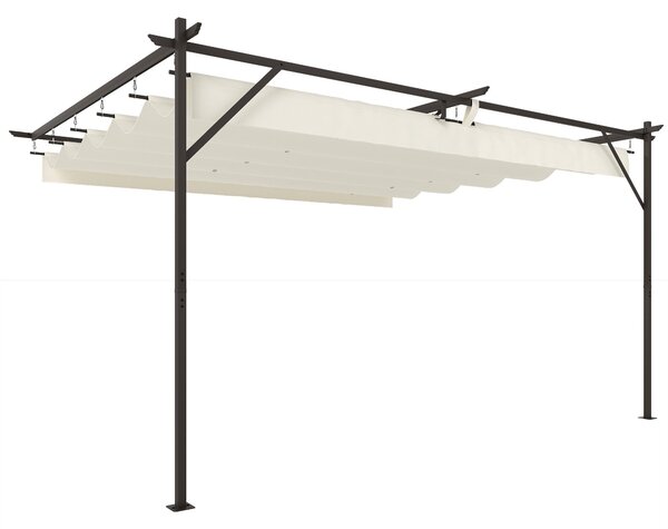 Outsunny 4 x 3 m nástěnná zahradní pergola s vysouvací střechou, ochrana UPF30+, odvodnění a kovový rám — krémová | Aosom