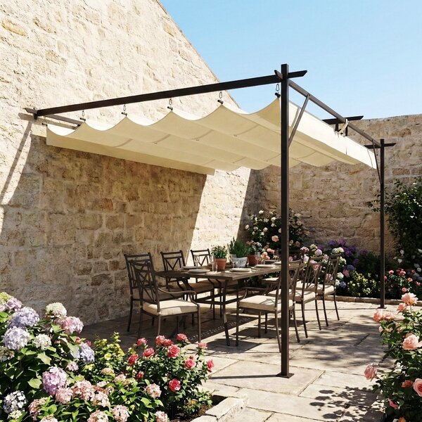 Outsunny 4 x 3 m nástěnná zahradní pergola s vysouvací střechou, ochrana UPF30+, odvodnění a kovový rám — krémová | Aosom