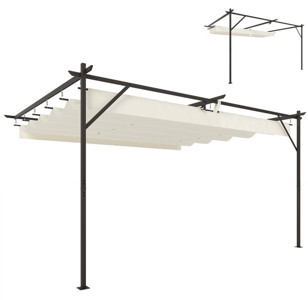 Outsunny 4 x 3 m nástěnná zahradní pergola s vysouvací střechou, ochrana UPF30+, odvodnění a kovový rám — krémová | Aosom