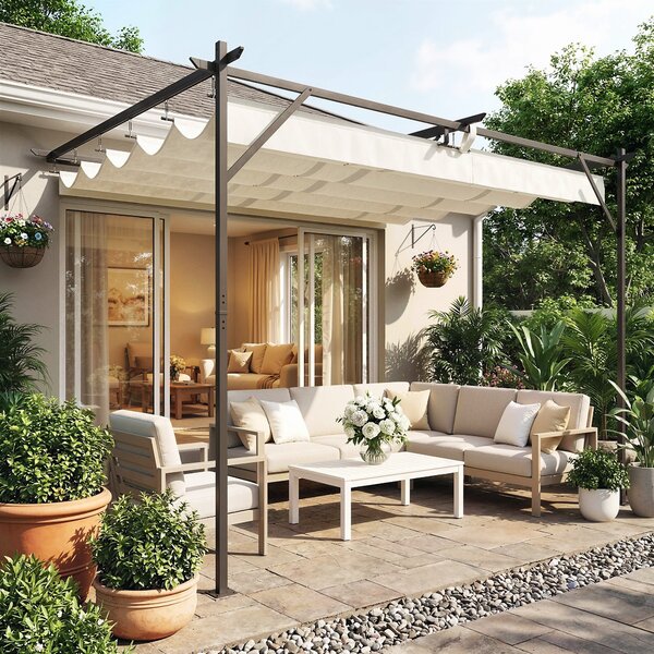 Outsunny 4 x 3 m nástěnná zahradní pergola s vysouvací střechou, ochrana UPF30+, odvodnění a kovový rám — krémová | Aosom