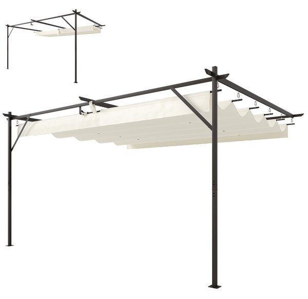 Outsunny 4 x 3 m nástěnná zahradní pergola s vysouvací střechou, ochrana UPF30+, odvodnění a kovový rám — krémová | Aosom