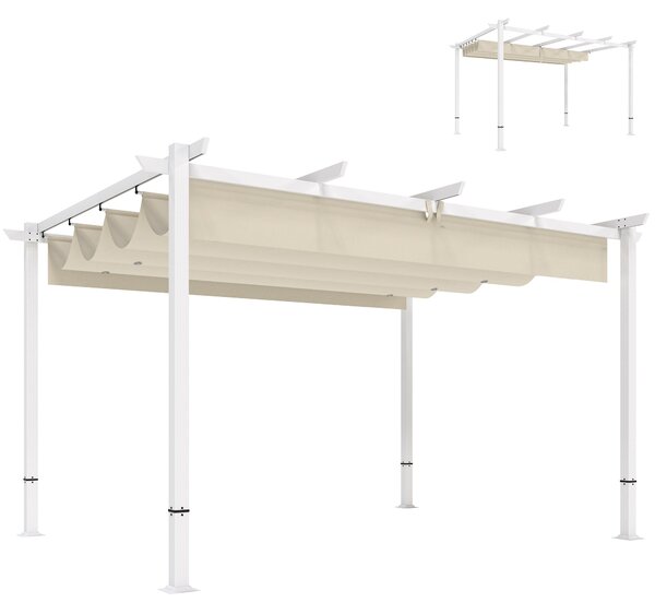 Outsunny pergola se zatahovací střechou 3,90 × 2,97 m, magnetické zapínání, ochrana UPF 30+, samostatný zahradní altán s odvodněním, béžová | Aosom