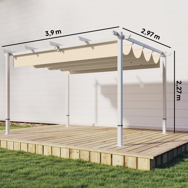 Outsunny pergola se zatahovací střechou 3,90 × 2,97 m, magnetické zapínání, ochrana UPF 30+, samostatný zahradní altán s odvodněním, béžová | Aosom