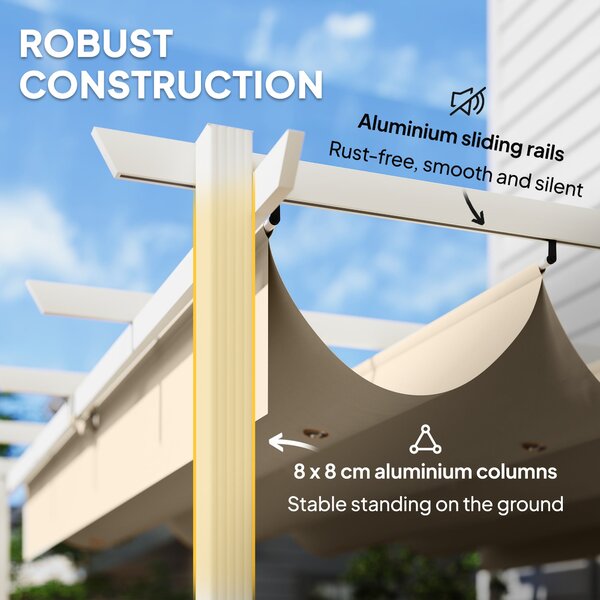 Outsunny pergola se zatahovací střechou 3,90 × 2,97 m, magnetické zapínání, ochrana UPF 30+, samostatný zahradní altán s odvodněním, béžová | Aosom