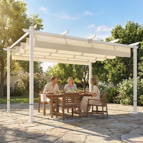 Outsunny pergola se zatahovací střechou 3,90 × 2,97 m, magnetické zapínání, ochrana UPF 30+, samostatný zahradní altán s odvodněním, béžová | Aosom