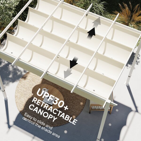 Outsunny pergola se zatahovací střechou 3,90 × 2,97 m, magnetické zapínání, ochrana UPF 30+, samostatný zahradní altán s odvodněním, béžová | Aosom