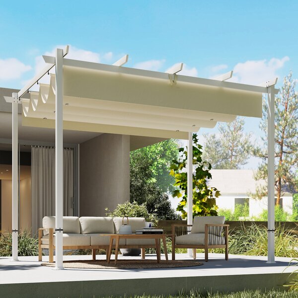 Outsunny pergola se zatahovací střechou 3,90 × 2,97 m, magnetické zapínání, ochrana UPF 30+, samostatný zahradní altán s odvodněním, béžová | Aosom