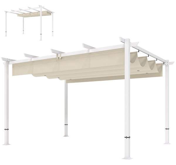 Outsunny pergola se zatahovací střechou 3,90 × 2,97 m, magnetické zapínání, ochrana UPF 30+, samostatný zahradní altán s odvodněním, béžová | Aosom