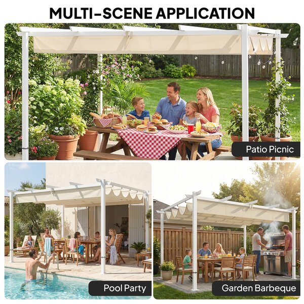 Outsunny pergola se zatahovací střechou 3,90 × 2,97 m, magnetické zapínání, ochrana UPF 30+, samostatný zahradní altán s odvodněním, béžová | Aosom