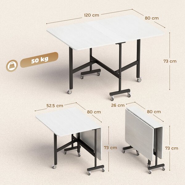 HOMCOM skládací jídelní stůl pro 4–6 osob s kolečky, ocelové nohy — úspora místa do malé kuchyně, 120 x 80 x 73 cm, bílý | Aosom