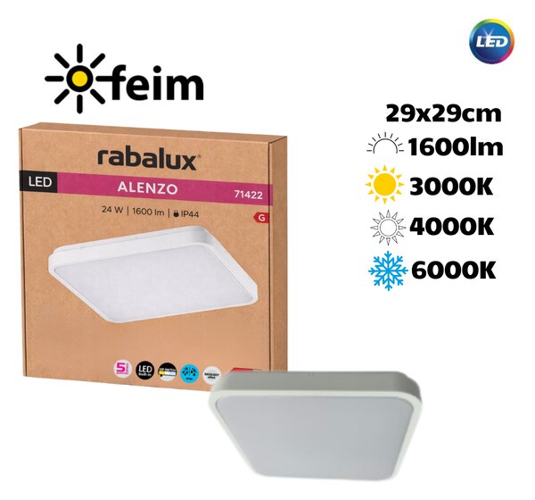 RABALUX 71422 Alenzo stropní svítidlo 290x290mm LED 24W/1600lm 3000+4000+6000K IP44 bílá, DIP switch