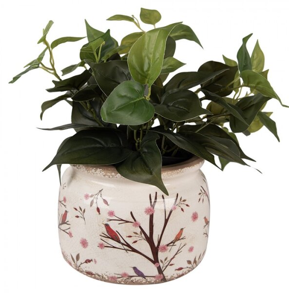 Béžový keramický obal na květináč s keři, šípky a ptáčky Satin – 20x15 cm