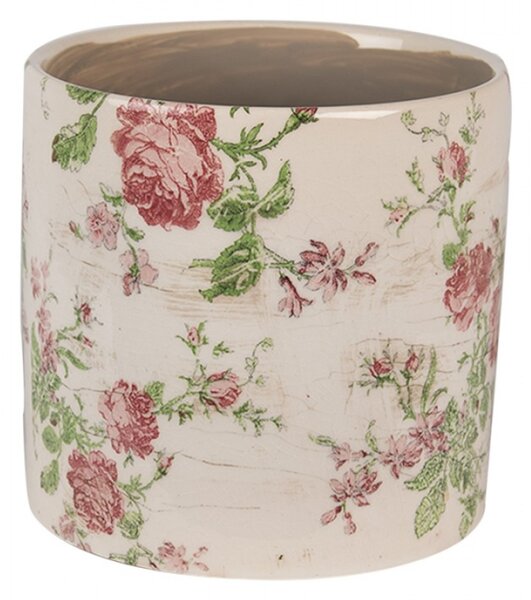 Béžový keramický obal na květináč s růžovými růžemi Valerie – 14x13 cm